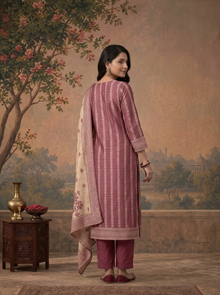 Grape Chanderi Mughal Damask Baroque Printed Three Piece Set