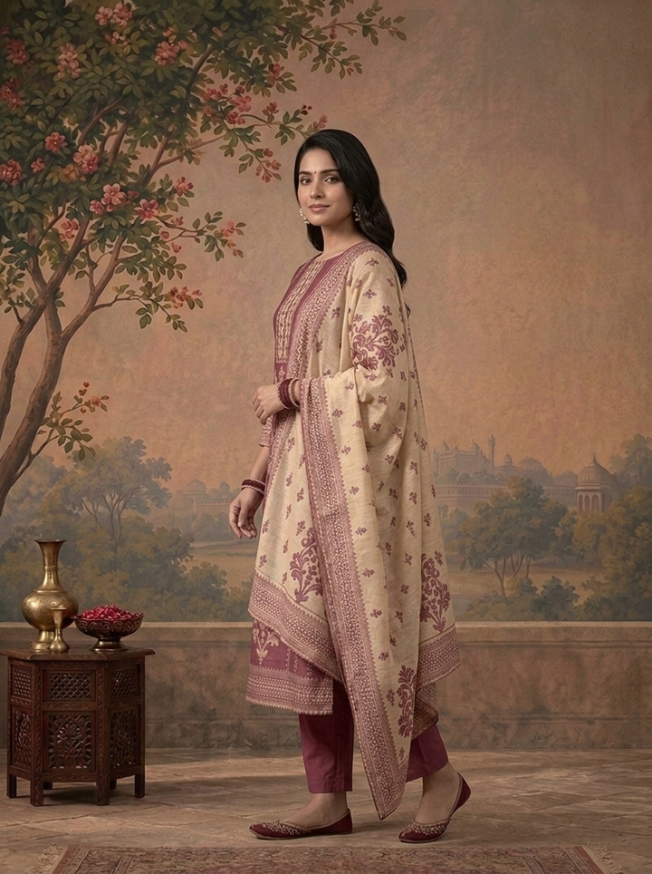 Grape Chanderi Mughal Damask Baroque Printed Three Piece Set