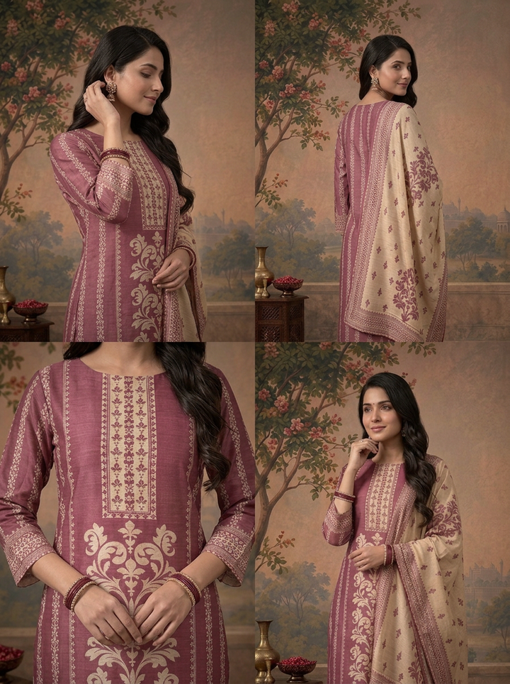 Grape Chanderi Mughal Damask Baroque Printed Three Piece Set
