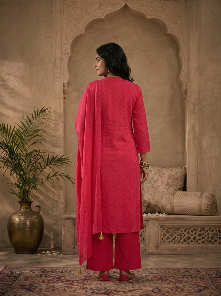 Rani Pink Cotton Solid With Multicolor Floral Thread Embroidered Three Piece Set