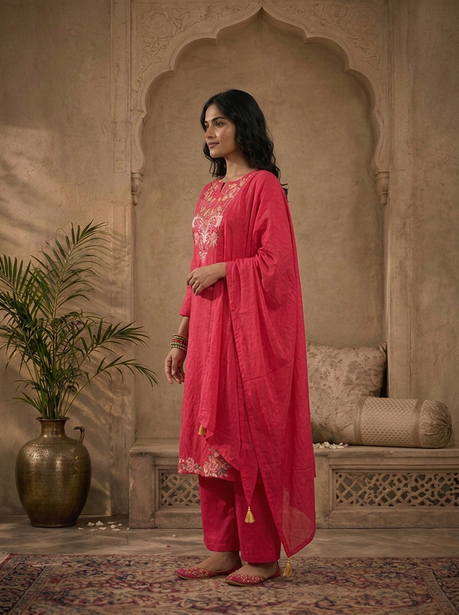 Rani Pink Cotton Solid With Multicolor Floral Thread Embroidered Three Piece Set