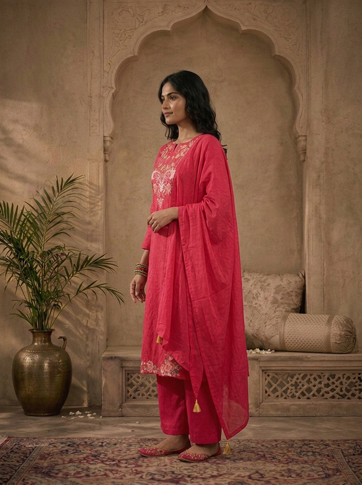 Rani Pink Cotton Solid With Multicolor Floral Thread Embroidered Three Piece Set