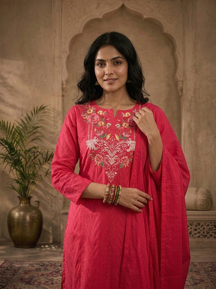 Rani Pink Cotton Solid With Multicolor Floral Thread Embroidered Three Piece Set