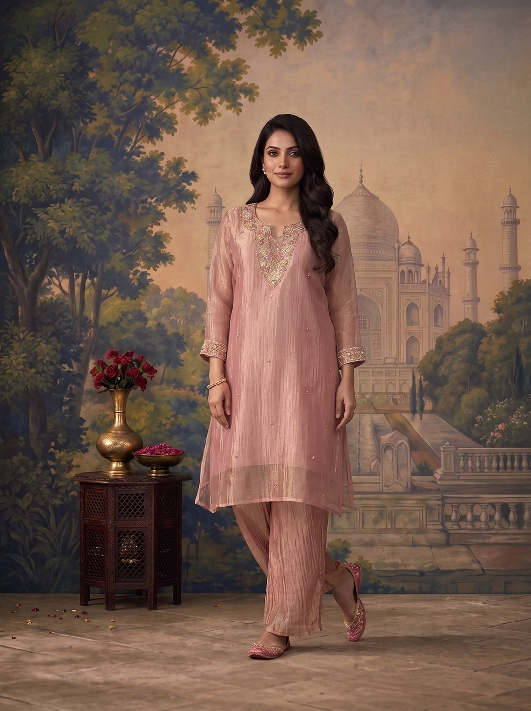 Onion Tissue Stone And Sequins Embroidered Two Piece Set