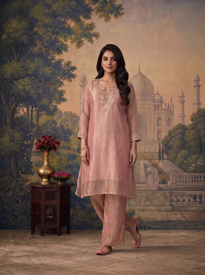 Onion Tissue Stone And Sequins Embroidered Two Piece Set