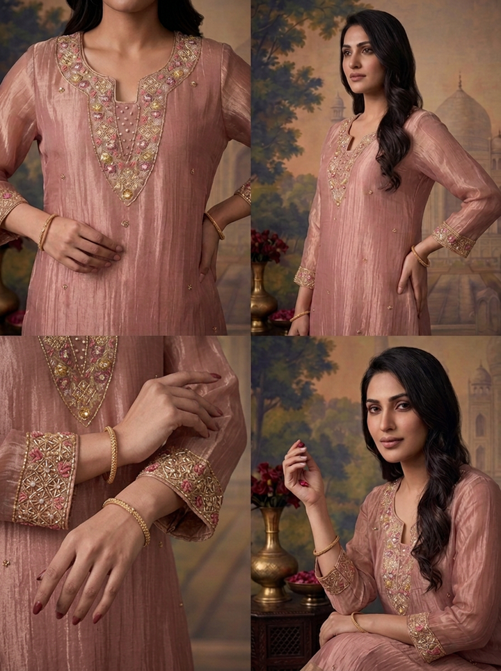 Onion Tissue Stone And Sequins Embroidered Two Piece Set