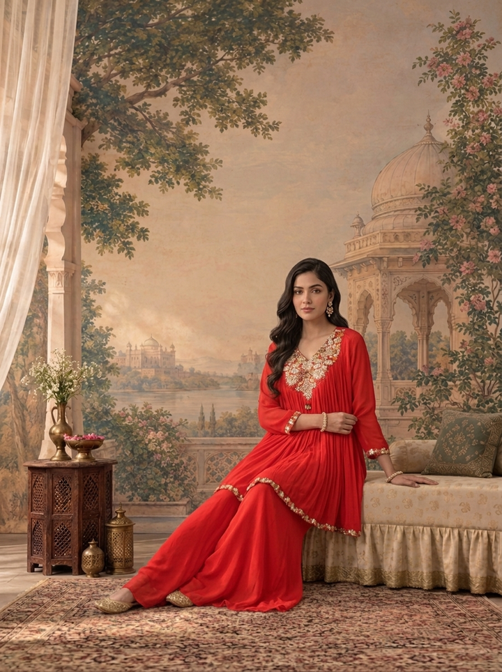 Red Chinon Multicolor Thread Zari Sequin Embroidered Two Piece Set