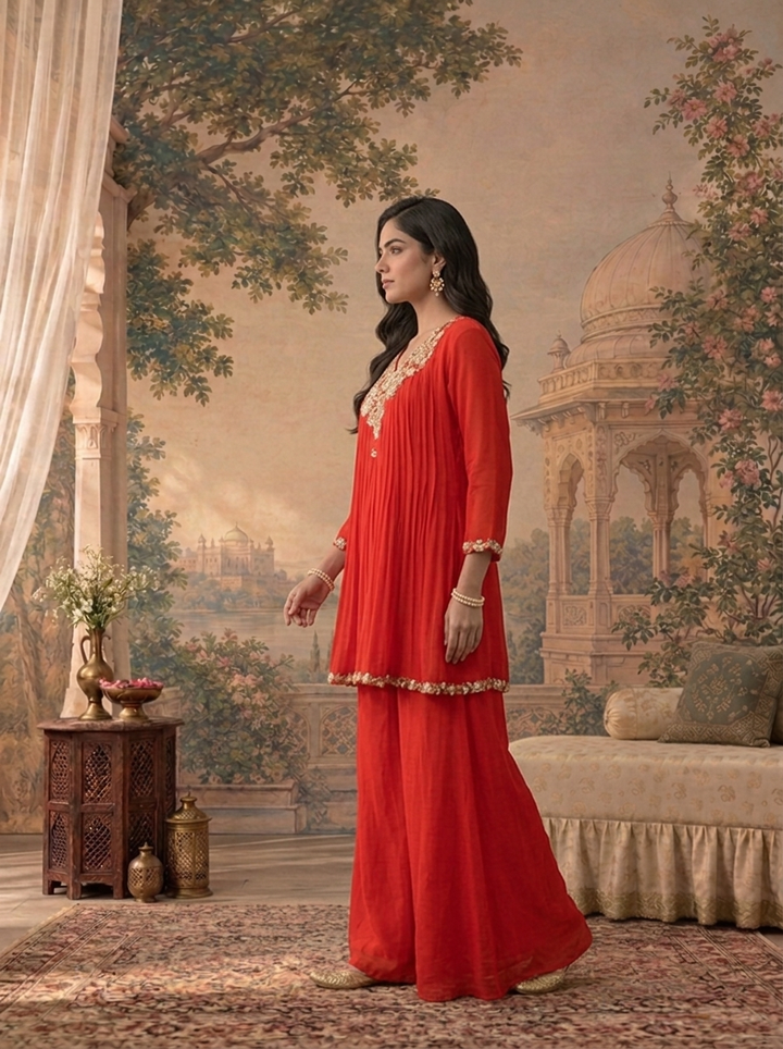 Red Chinon Multicolor Thread Zari Sequin Embroidered Two Piece Set
