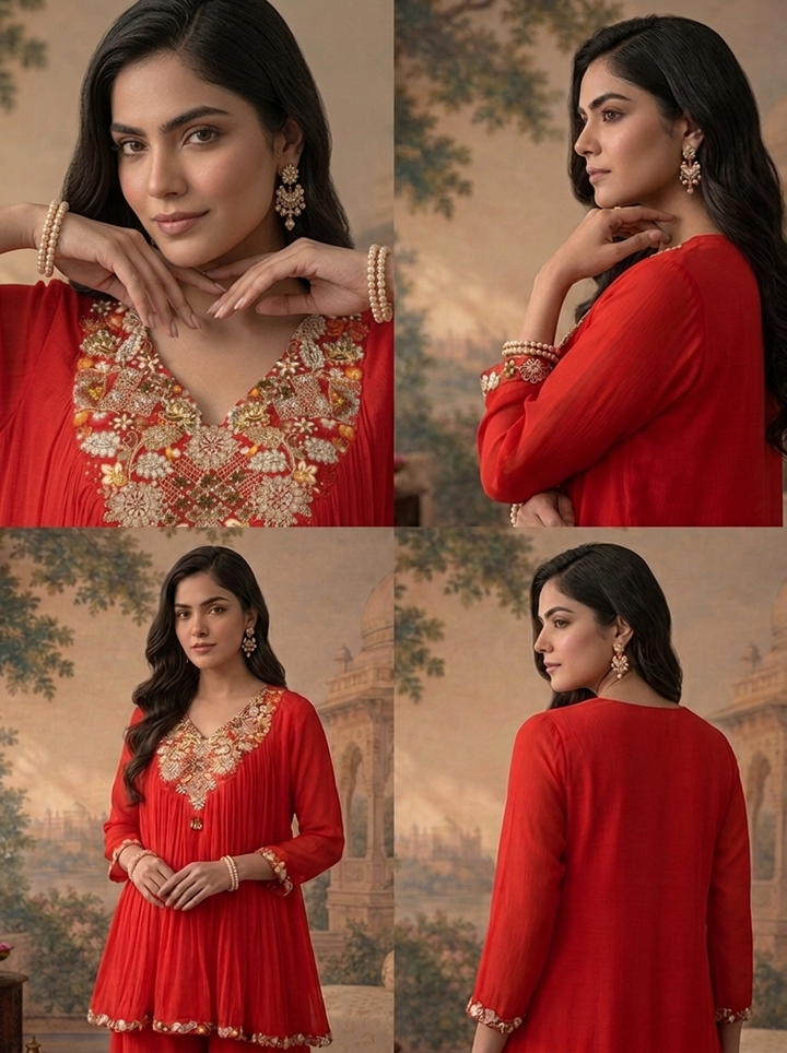 Red Chinon Multicolor Thread Zari Sequin Embroidered Two Piece Set