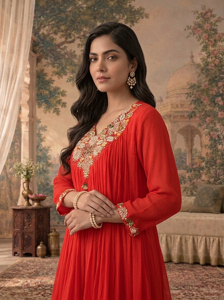 Red Chinon Multicolor Thread Zari Sequin Embroidered Two Piece Set