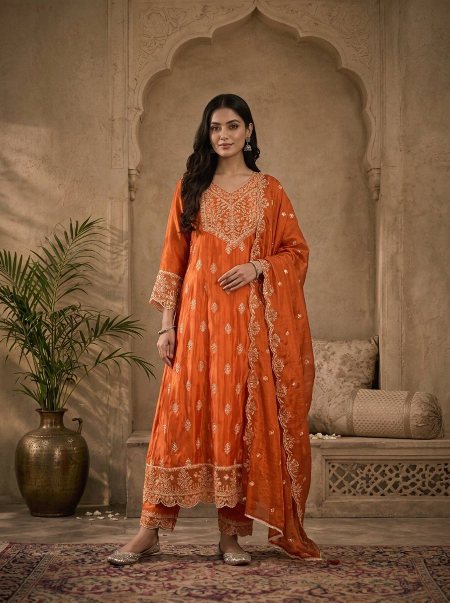 Burnt Orange Silk Buti Thread Embroidered Three Piece Set