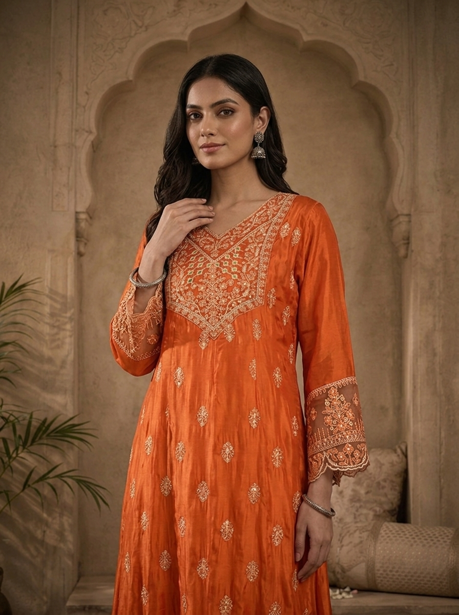 Burnt Orange Silk Buti Thread Embroidered Three Piece Set