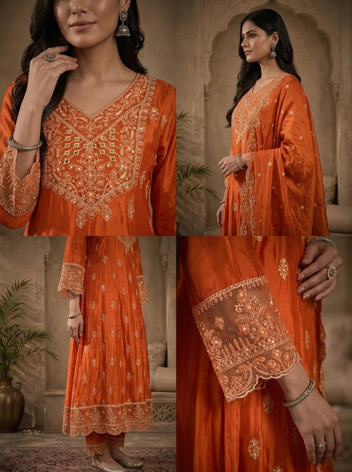 Burnt Orange Silk Buti Thread Embroidered Three Piece Set