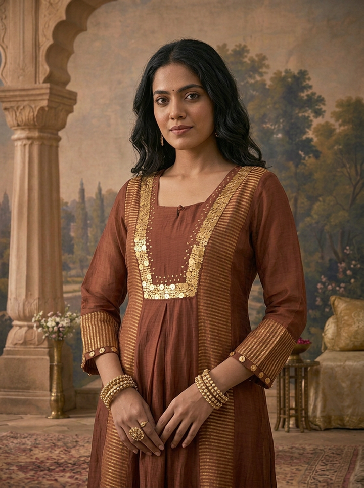Brown Chanderi Gold Zari Stripe With Coin Sequin Printed Three Piece Set