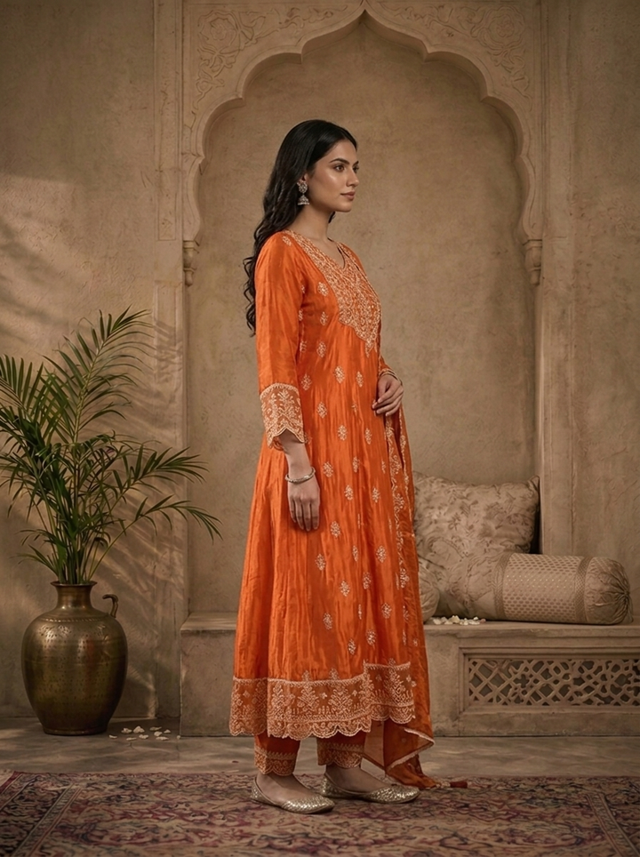 Burnt Orange Silk Buti Thread Embroidered Three Piece Set