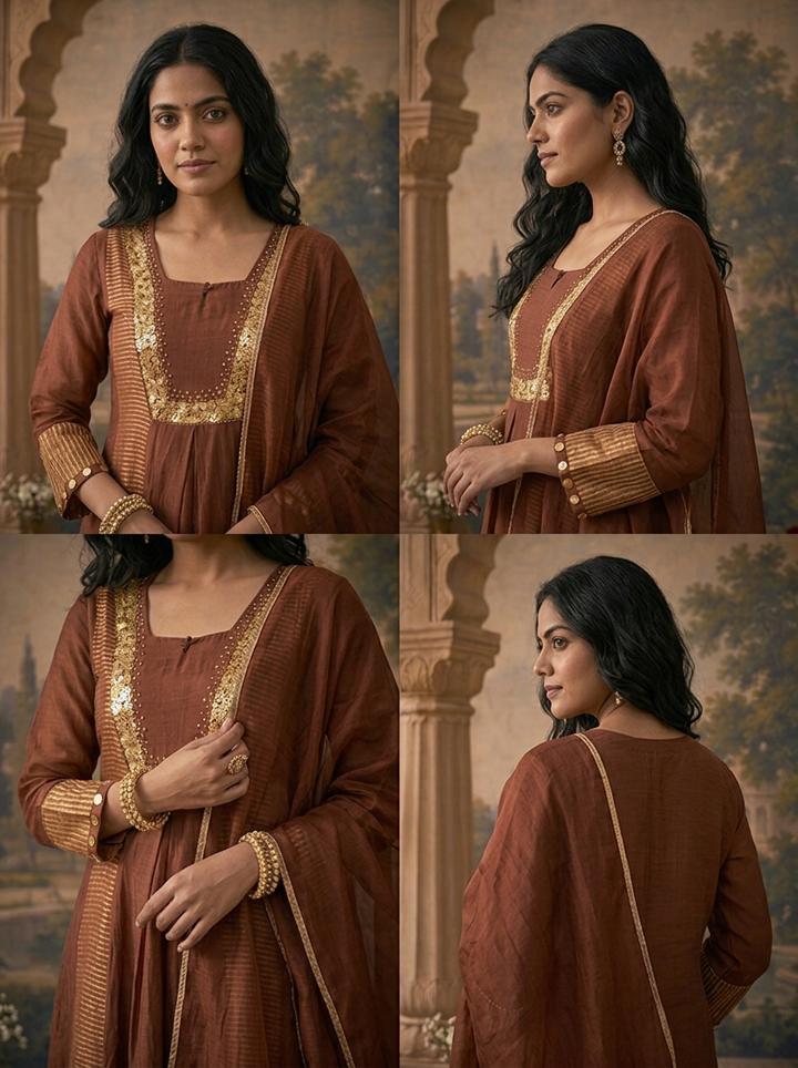 Brown Chanderi Gold Zari Stripe With Coin Sequin Printed Three Piece Set