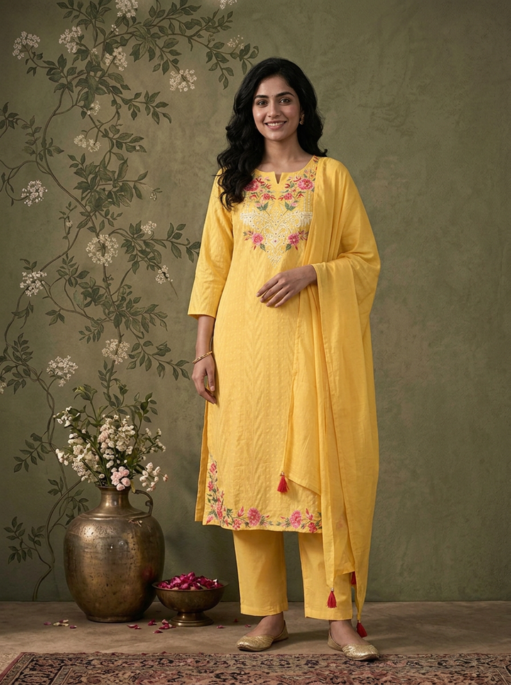 Yellow Cotton Solid With Multicolor Floral Thread Embroidered Three Piece Set