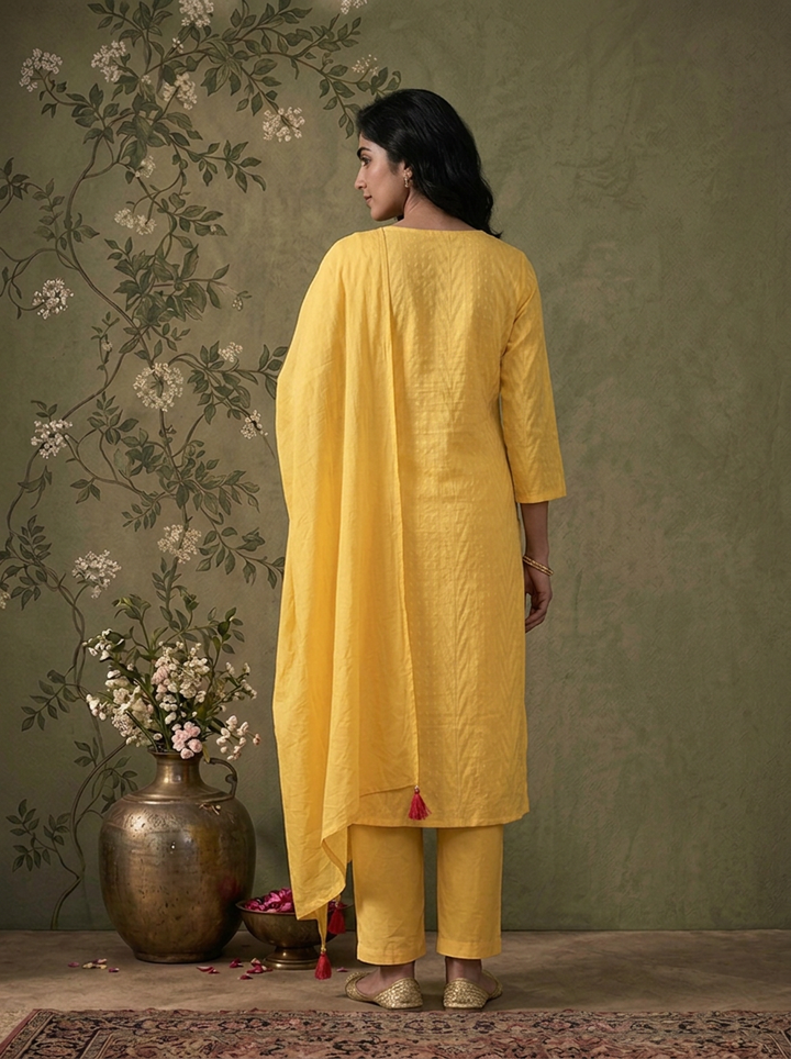 Yellow Cotton Solid With Multicolor Floral Thread Embroidered Three Piece Set