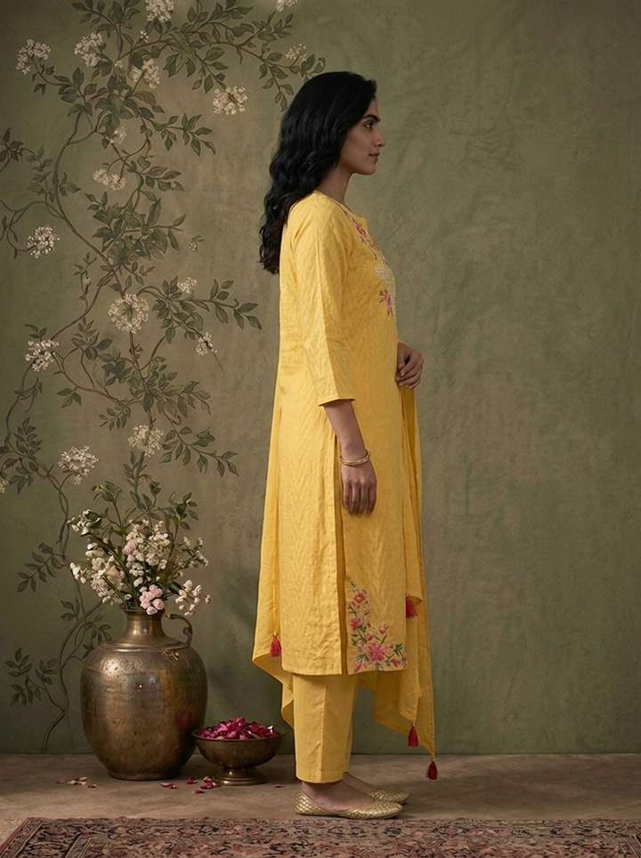 Yellow Cotton Solid With Multicolor Floral Thread Embroidered Three Piece Set