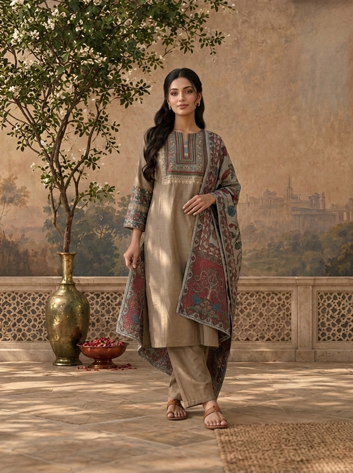 Beige Rayon Solid With Kalamkari Floral Printed Three Piece Set