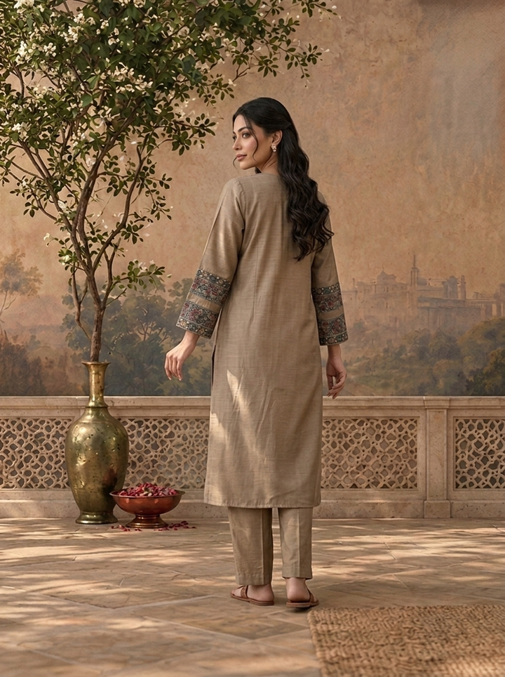 Beige Rayon Solid With Kalamkari Floral Printed Three Piece Set