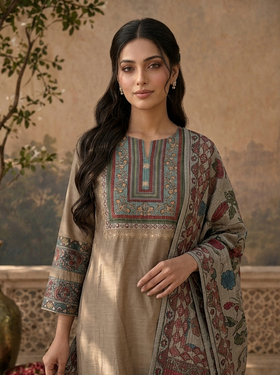 Beige Rayon Solid With Kalamkari Floral Printed Three Piece Set