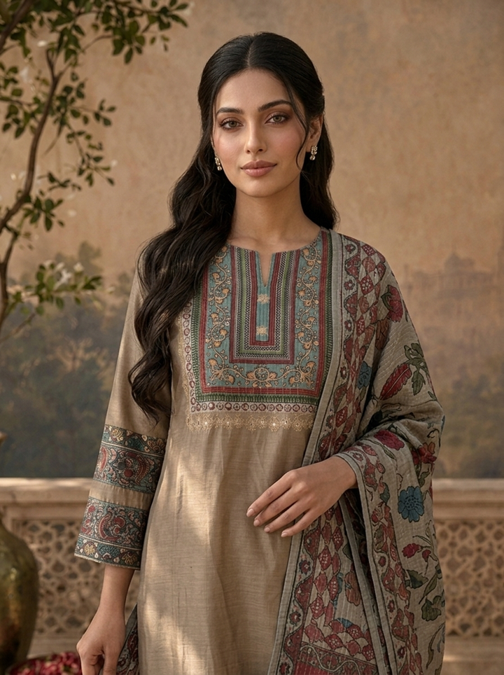 Beige Rayon Solid With Kalamkari Floral Printed Three Piece Set