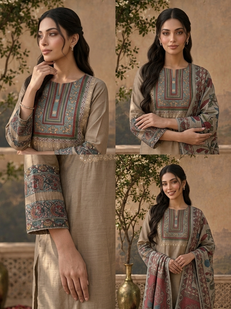 Beige Rayon Solid With Kalamkari Floral Printed Three Piece Set