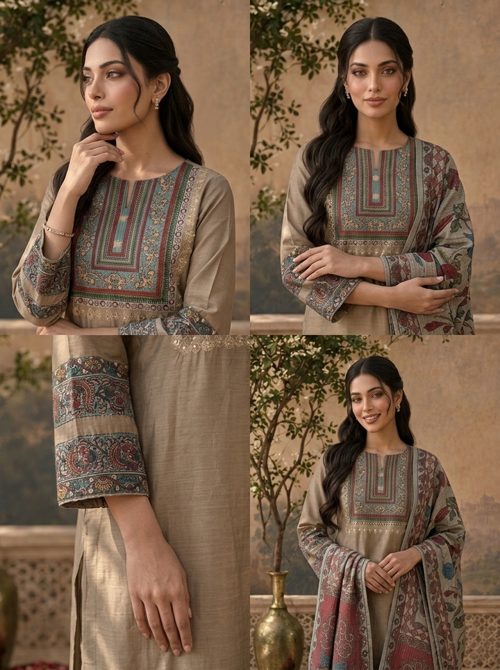 Beige Rayon Solid With Kalamkari Floral Printed Three Piece Set