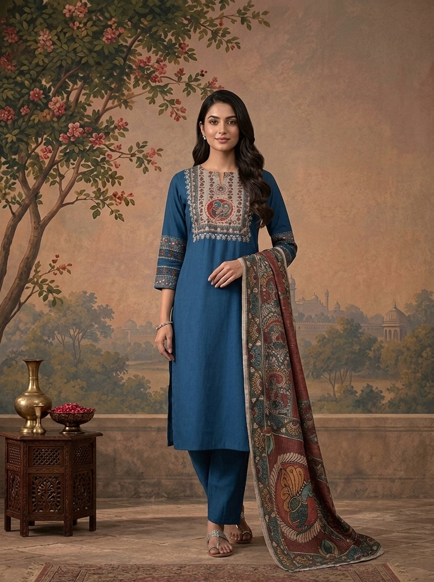 Blue Rayon Solid With Kalamkari Mandala Peacock Printed Three Piece Set