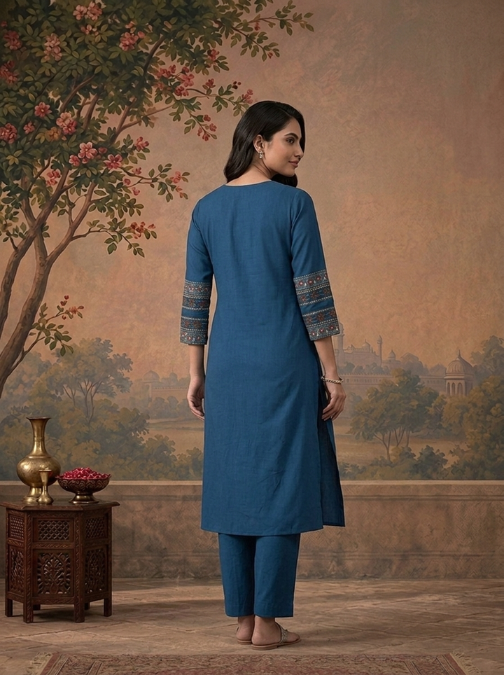 Blue Rayon Solid With Kalamkari Mandala Peacock Printed Three Piece Set