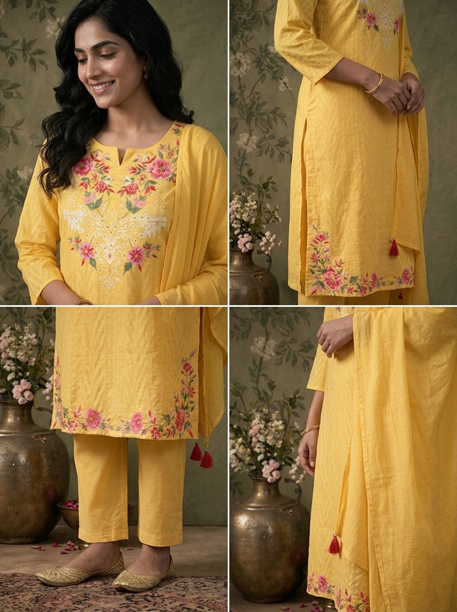 Yellow Cotton Solid With Multicolor Floral Thread Embroidered Three Piece Set