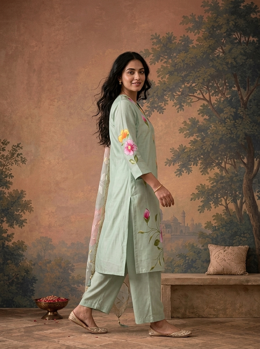 Pista Muslin Floral Hand-Painted Printed Three Piece Set