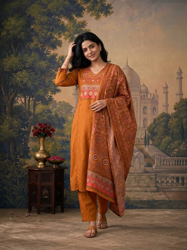 Gold Cotton Solid With Ethnic Printed Three Piece Set