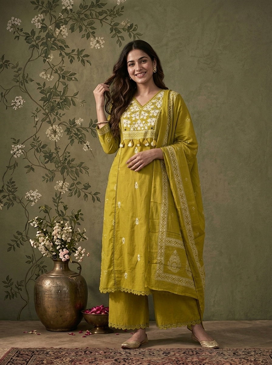 Mehndi Green Cotton Ethnic Buti Printed Three Piece Set