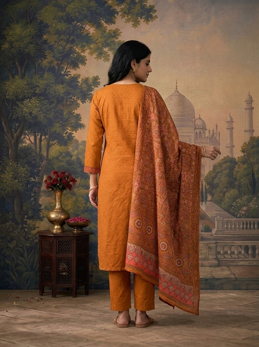 Gold Cotton Solid With Ethnic Printed Three Piece Set