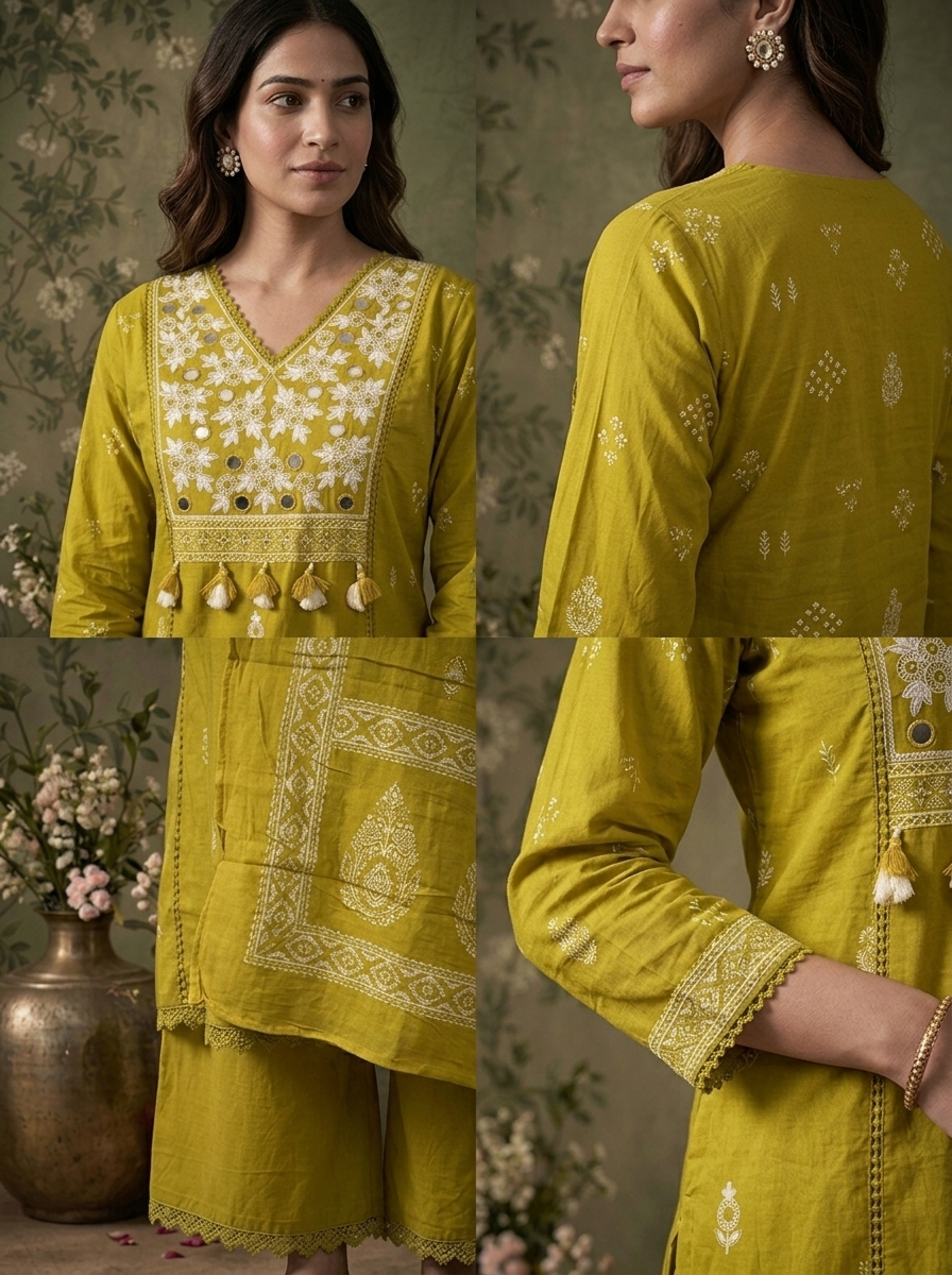 Mehndi Green Cotton Ethnic Buti Printed Three Piece Set