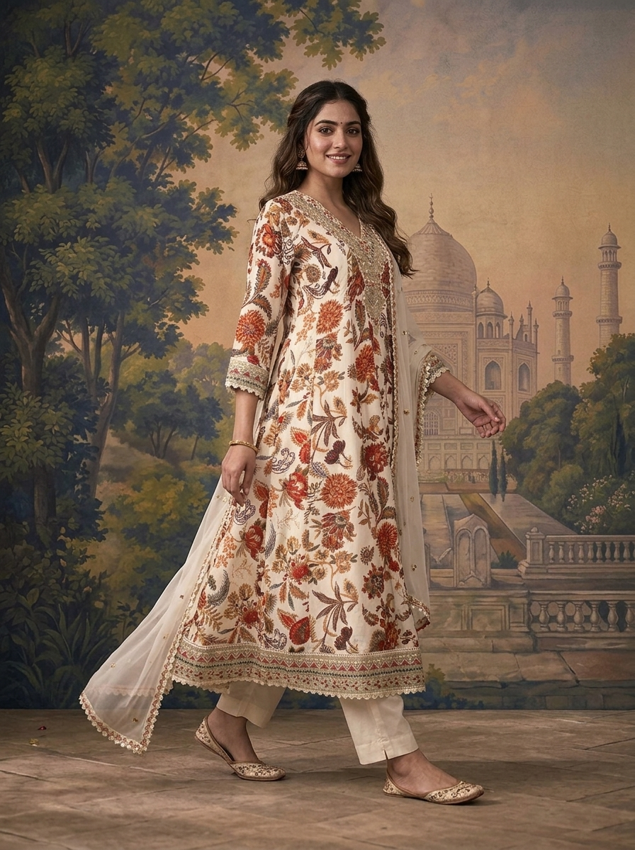 White Crepe Chintz Floral Printed Three Piece Set