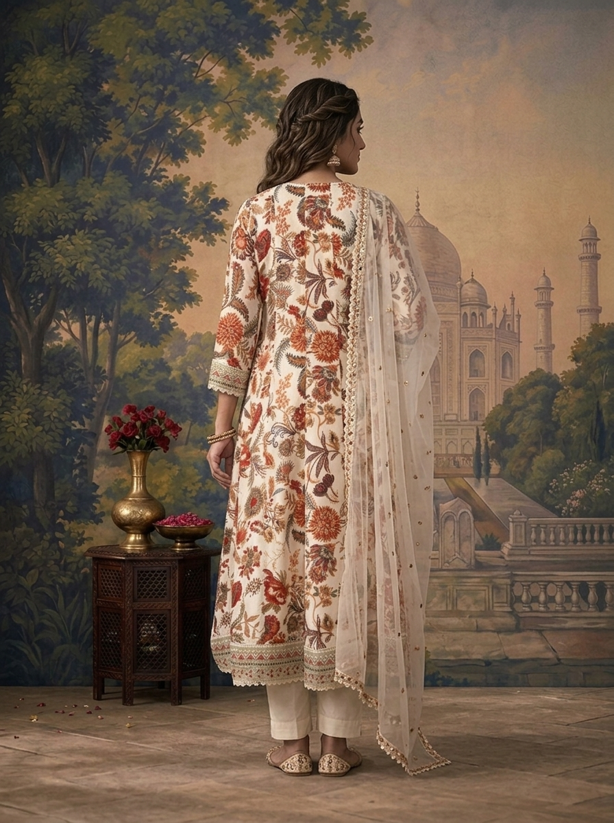 White Crepe Chintz Floral Printed Three Piece Set