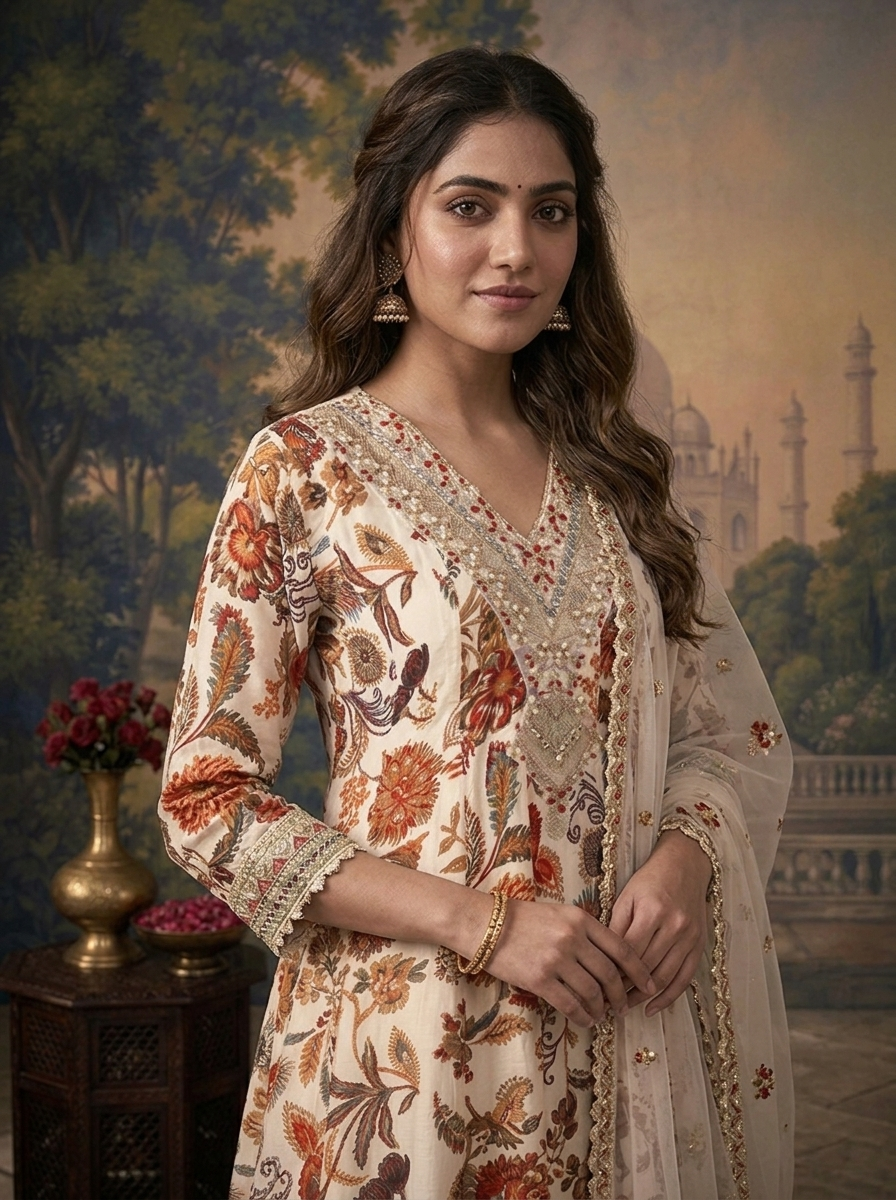 White Crepe Chintz Floral Printed Three Piece Set