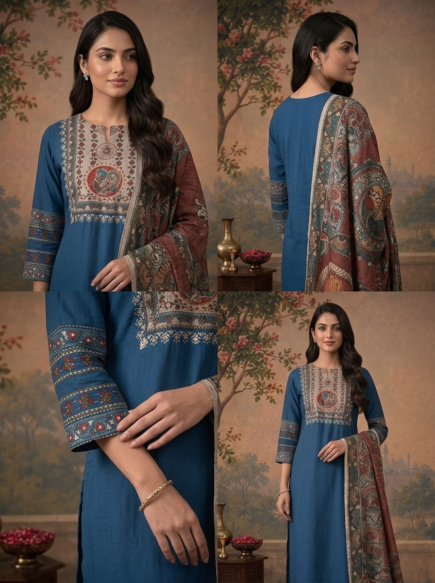 Blue Rayon Solid With Kalamkari Mandala Peacock Printed Three Piece Set