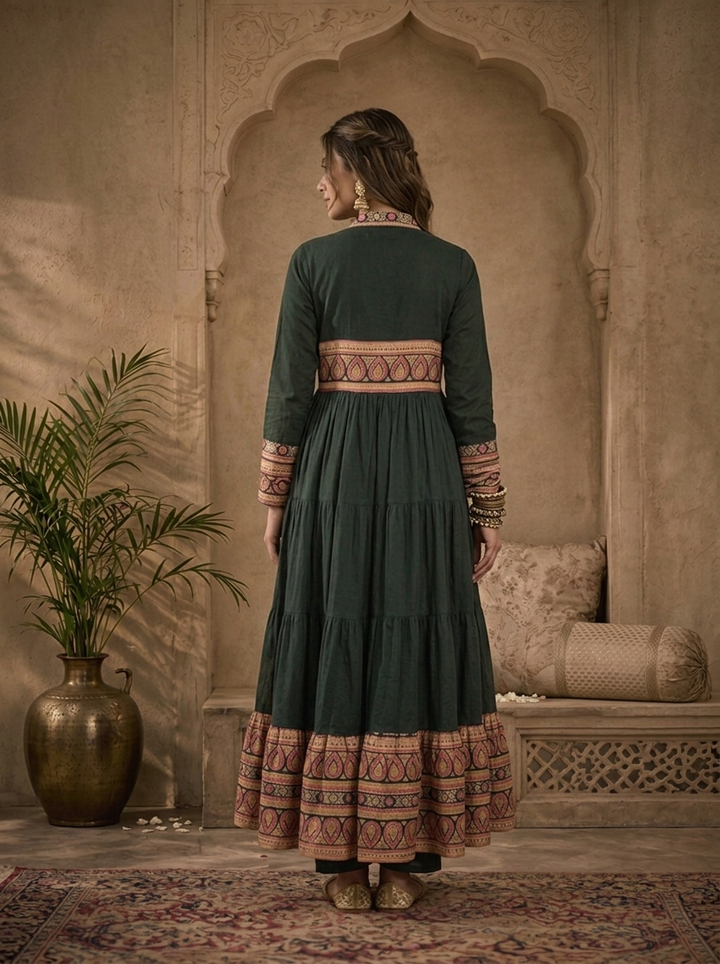Bottle Green Cotton Solid With Ajrakh Printed Three Piece Set