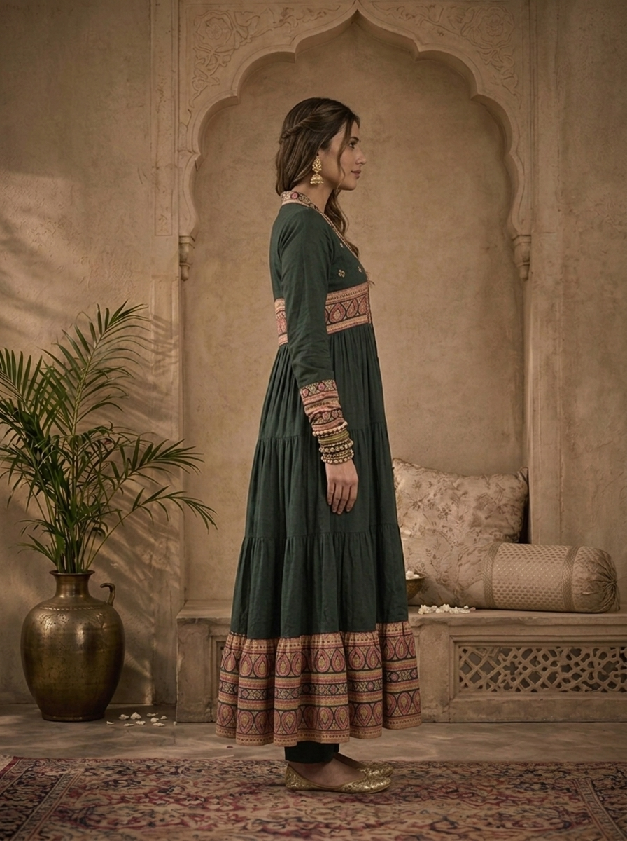 Bottle Green Cotton Solid With Ajrakh Printed Three Piece Set