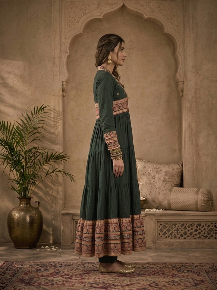 Bottle Green Cotton Solid With Ajrakh Printed Three Piece Set