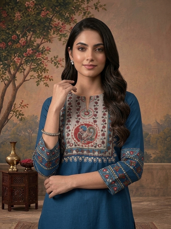 Blue Rayon Solid With Kalamkari Mandala Peacock Printed Three Piece Set