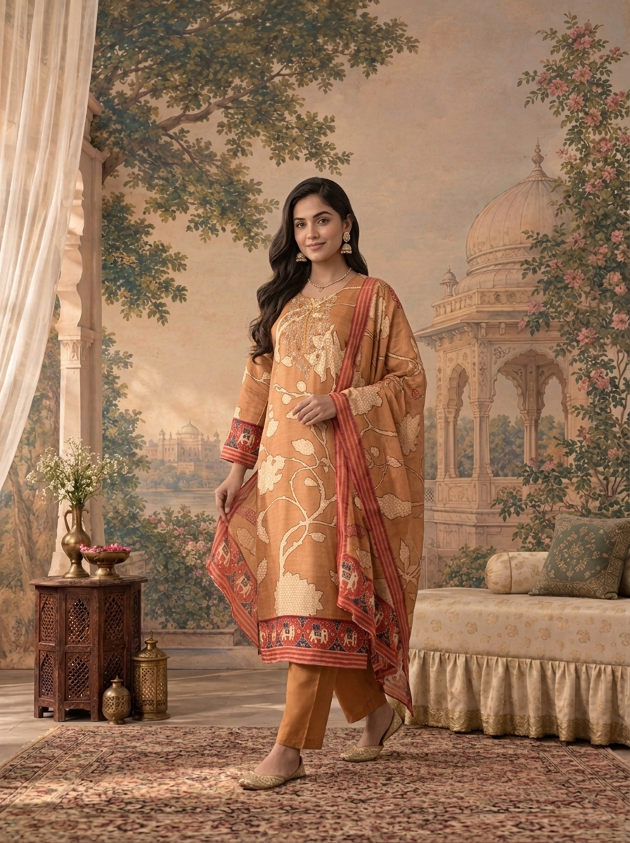 Gold Linen Floral Vine With Patola Elephant Printed Three Piece Set