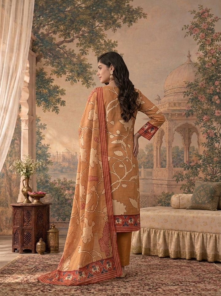 Gold Linen Floral Vine With Patola Elephant Printed Three Piece Set