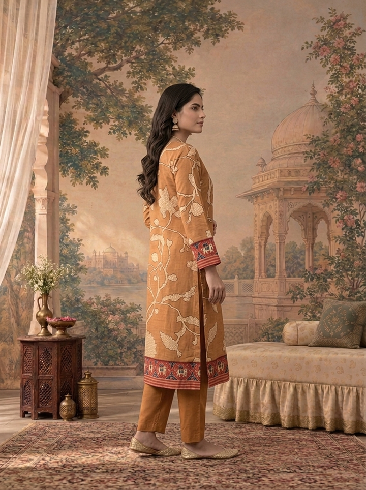 Gold Linen Floral Vine With Patola Elephant Printed Three Piece Set
