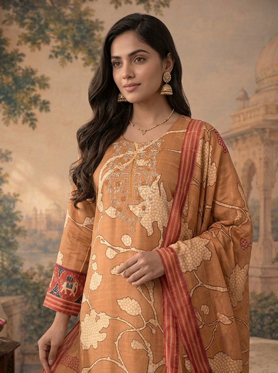 Gold Linen Floral Vine With Patola Elephant Printed Three Piece Set