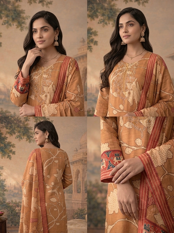 Gold Linen Floral Vine With Patola Elephant Printed Three Piece Set